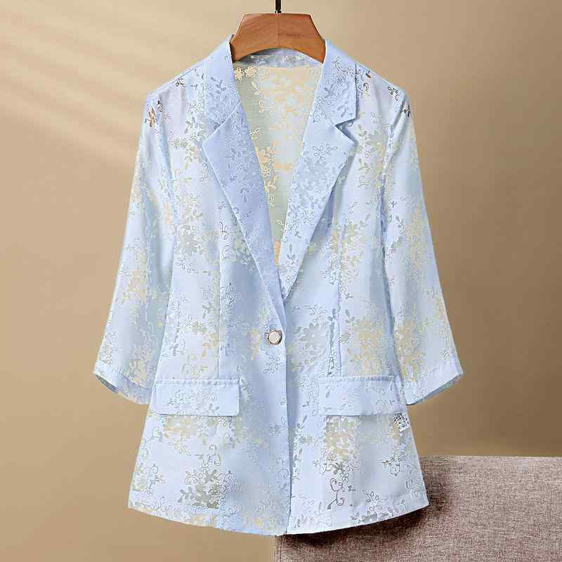 ジャケット レディース 夏 薄手 軽量 UVカット 七分袖 ブルー シフォン 透かし編み 高級感 テーラードジャケット ゆったり アウター オフィス カジュアル(4)