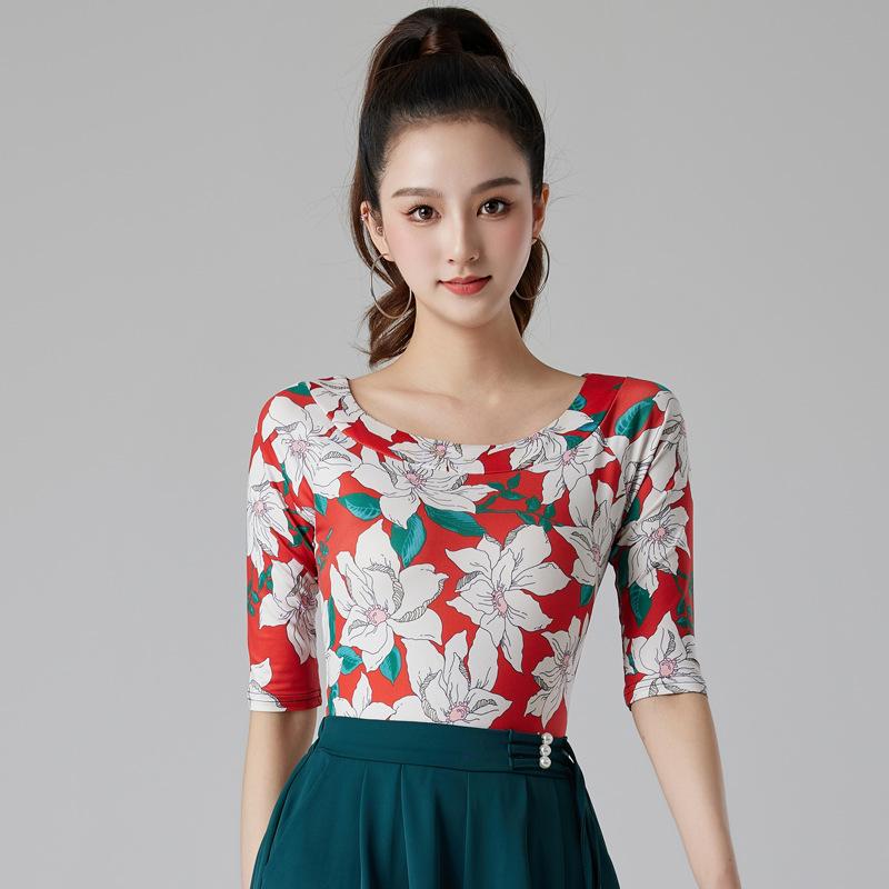 ダンスウェア レディース ラテンダンス スクエアダンス モダンダンス 半袖 花柄 プリント ラウンドネック レッスン着 練習着 トップス 伸縮性 ポリエステル 再生繊維 春夏 レッド系