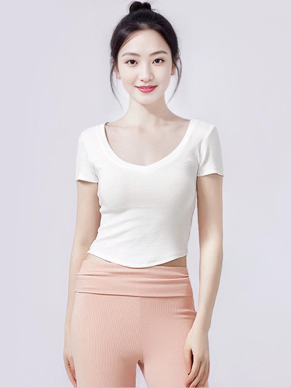 ダンスウェア レディース Vネック 半袖 スリムフィット 現代ダンス 中国舞 古典舞 ヨガ ピラティス バレエ フィットネス トレーニング レッスン着 練習着 舞台衣装 春夏 ストレッチ アクリル