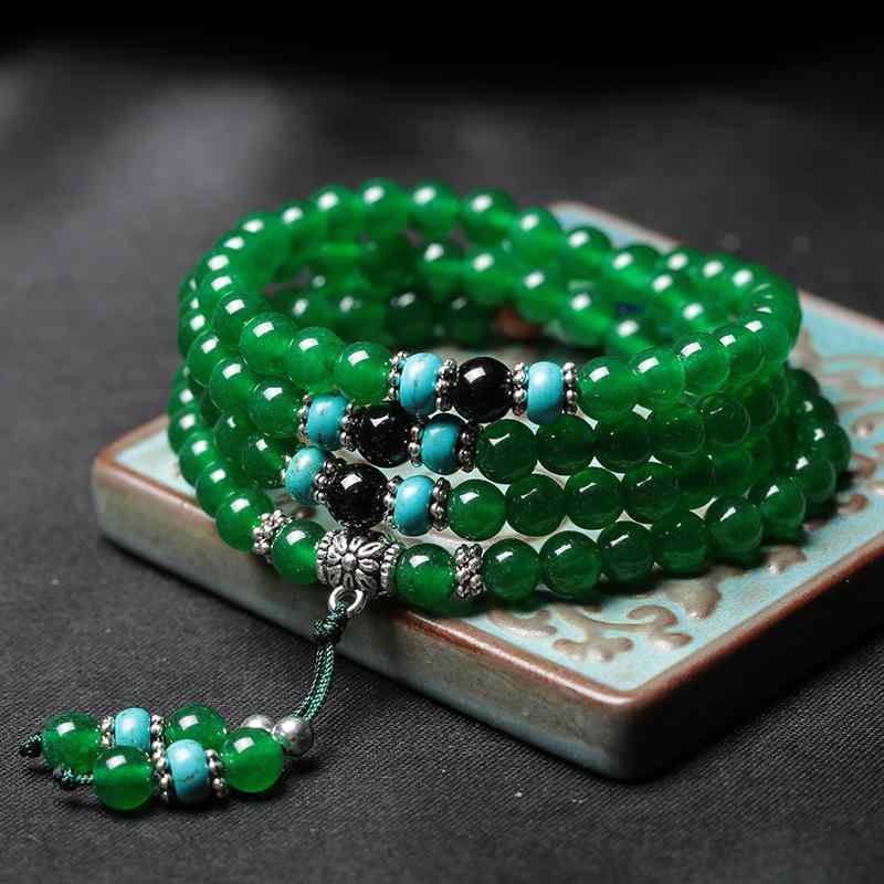 数珠ブレスレット ユニセックス 天然石 瑪瑙 メノウ 水晶 グリーンカルセドニー ピンクカルセドニー 108玉 多連 念珠 腕輪 お守り 開運 レトロ エスニック 緑 黄 赤(4)