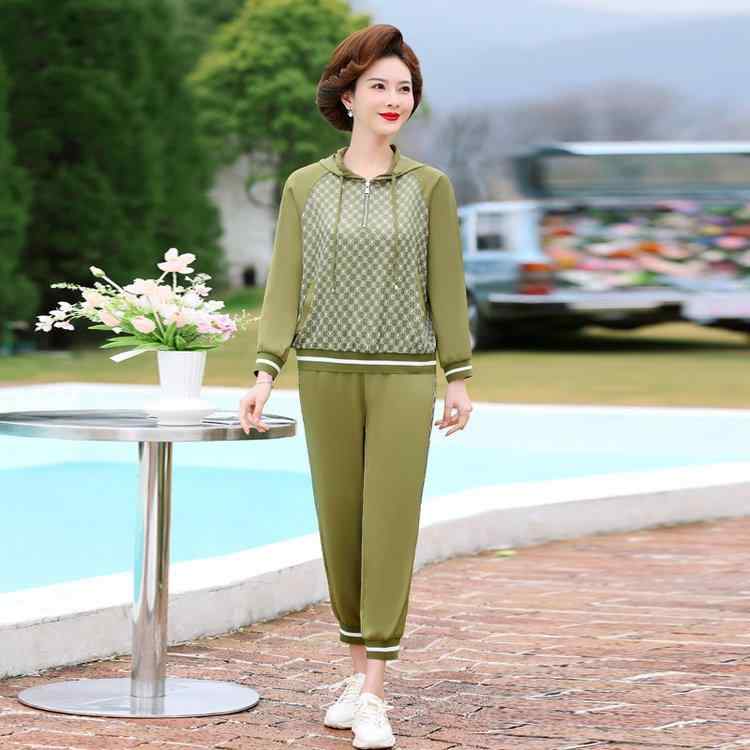 セットアップ レディース 女性用 ミドルエイジ シニア フード付き パーカー トレーナー スウェット 五分袖 スポーツウェア ジャージ 上下セット ロングパンツ ポリエステル素材 レギュラーフィット カジュアル 普段使い グリーン カーキ 春秋