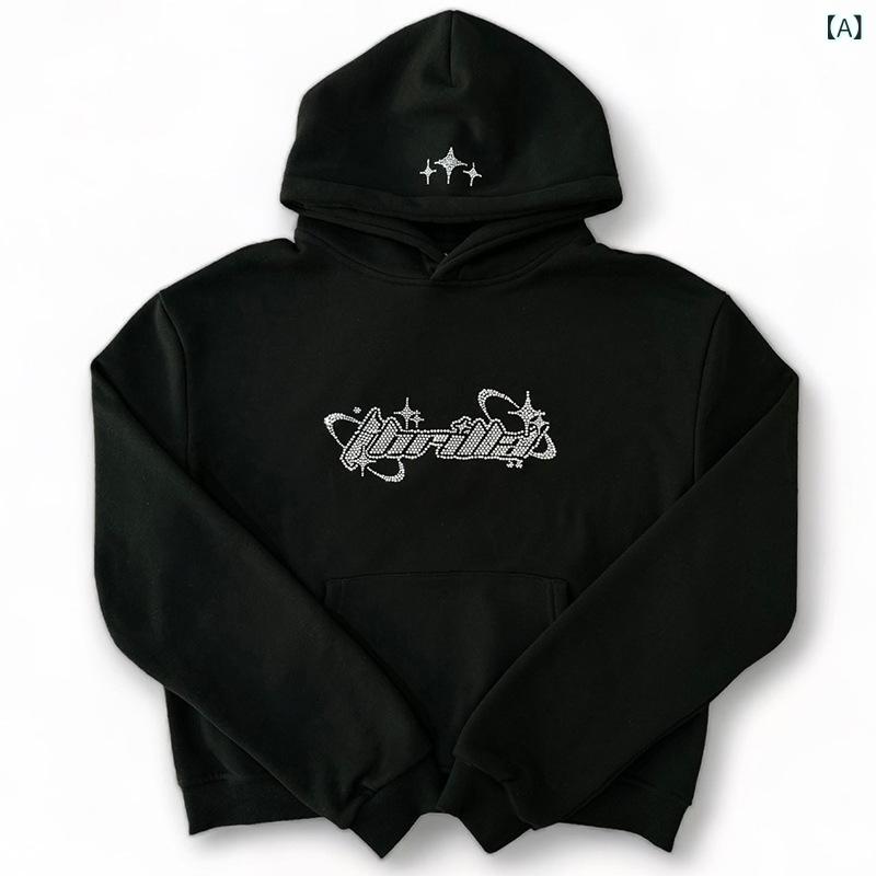 スウェット レディース 欧米風 ロゴ 星柄 ラインストーン ゆったり オーバーサイズ ストリート ヒップホップ フード付き プルオーバー 長袖 秋冬 ブラック ポリエステル