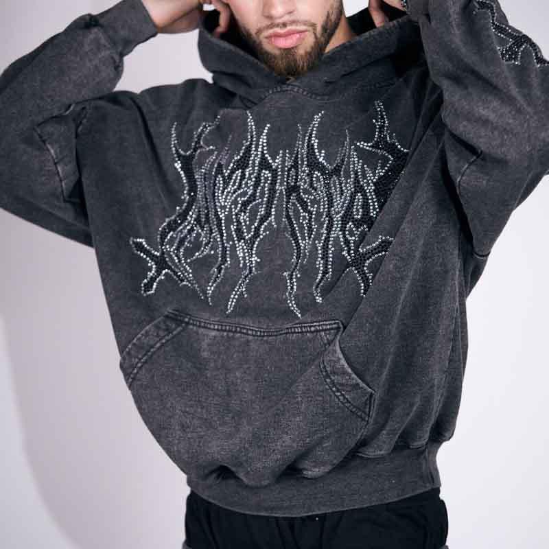 パーカー レディース 秋冬 ストリートファッション 欧米風 インスタ映え ダークゴシック ラインストーン 3Dプリント ルーズ ジップアップ フード付き スウェット セットアップ ポリエステル 伸縮性(4)