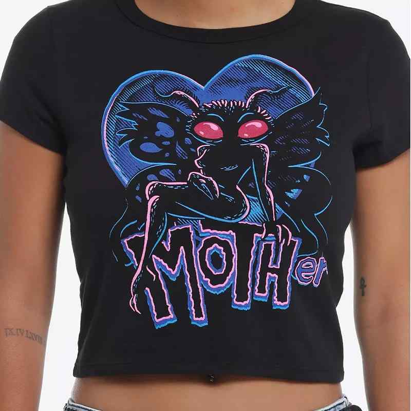 Tシャツ レディース Y2K ゴシック ストリート アルファベット アニメ プリント柄 クロップド丈 ショート丈 スリムフィット タイト 半袖 ラウンドネック ブラック ポリエステル 個性派 ダンス 夜遊び ファッション 夏秋