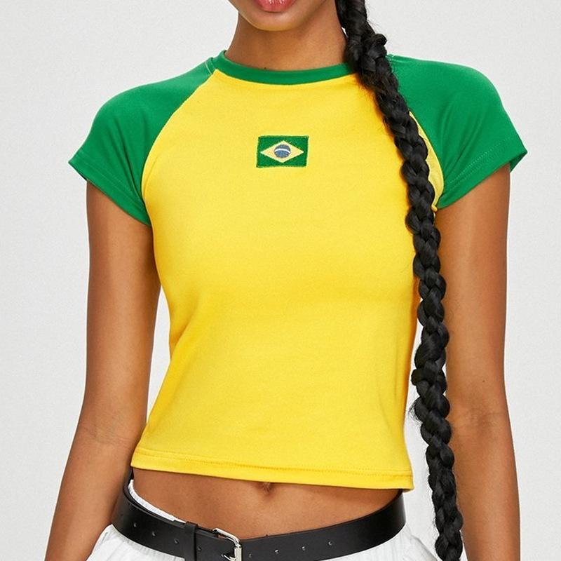 Tシャツ レディース ブラジル国旗 刺繍 配色切り替え ショート丈 スリムフィット ラウンドネック ストリートファッション 着痩せ トップス 春夏 黄色 ポリエステル