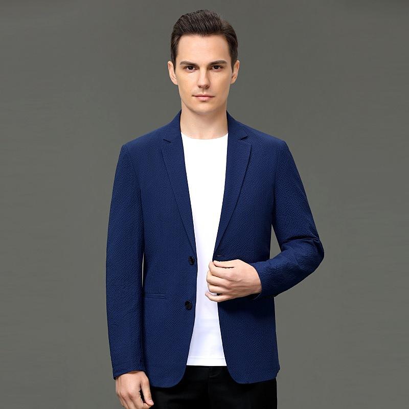 カジュアルジャケット メンズ 男性用 中高年 春秋 ビジネスカジュアル オフィス 普段使い ポコポコ素材 スリム テーラードカラー シワになりにくい 防水 洗濯機洗い可 シングルブレスト 無地 長袖 グレー ブルー ベージュ