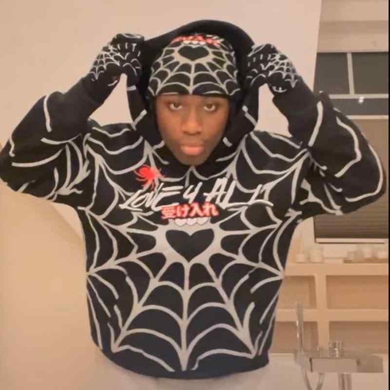 スウェット レディース ブラック 蜘蛛ロゴ ハート柄 発泡プリント オーバーサイズ ゆったり フーディー プルオーバー ストリート 欧米カジュアル 長袖 ポリエステル 秋冬 トップス