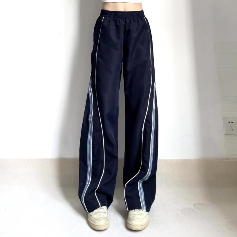 パンツ 秋冬 ストリートファッション ラインデザイン 個性的 ルーズフィット ゆったりシルエット ゴム..