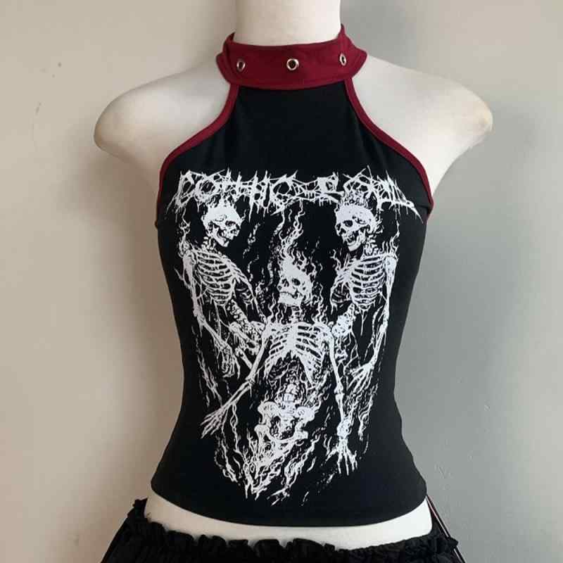タンクトップ レディース ハルターネック ゴシック ダーク スカルプリント ショート丈 スリムフィット ..