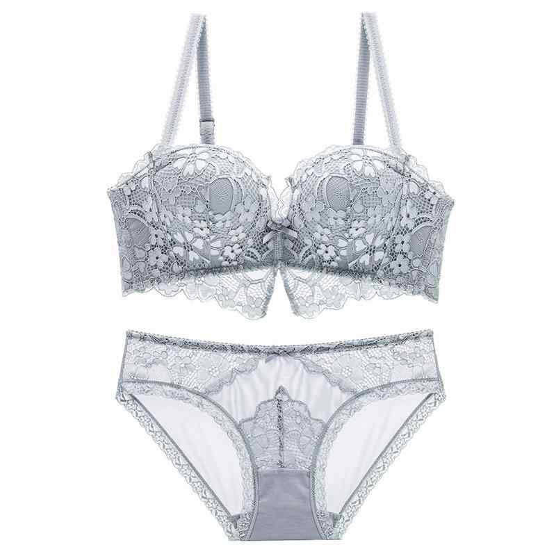 ブラジャーショーツセット レディース フレンチ レース ノンワイヤー セクシー 谷間メイク 盛りブラ リフトアップ 脇高 小胸 深V 1/2カップ モールドカップ 快適 通気性 ナイロン スパンデックス 黒 ワインレッド 白