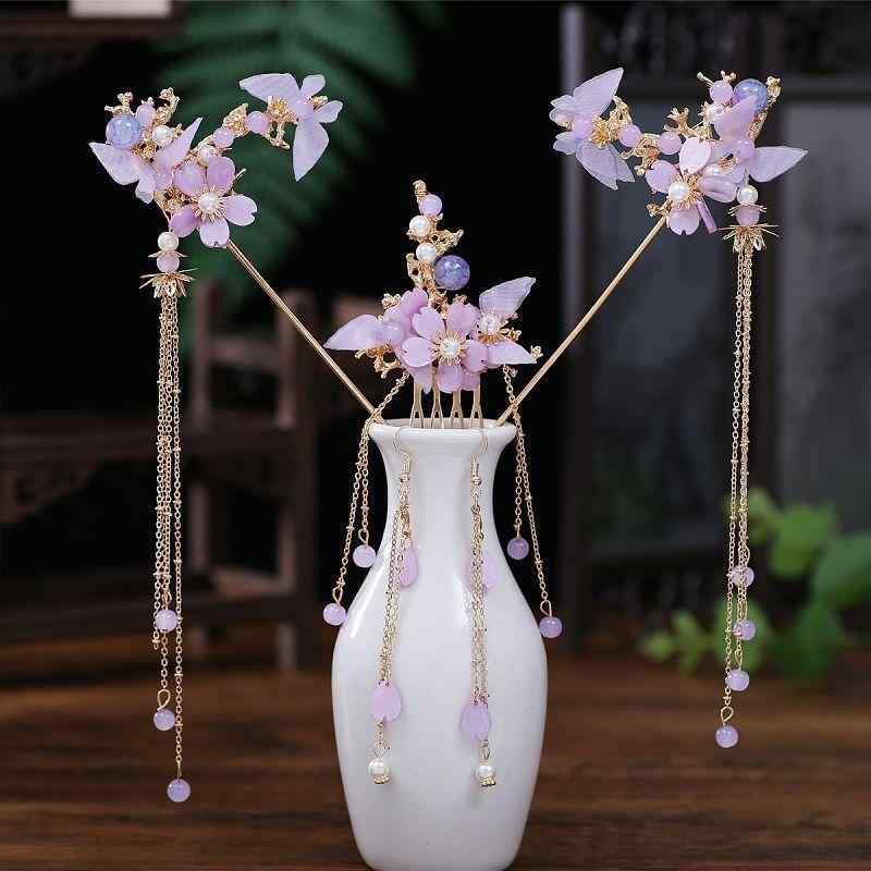 ヘアアクセサリー レディース 漢服 古風 パープル 紫 歩揺 簪 かんざし タッセル ヘアコーム フルセッ..