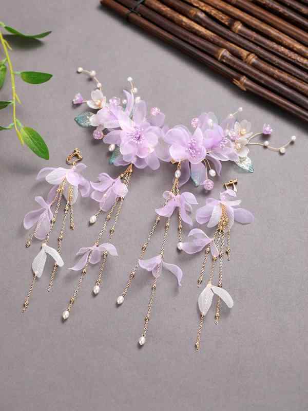 髪飾り 漢服 古風 パープル 紫色 流蘇 タッセル 布製 ヘアクリップ 古典 エレガント 優雅 森ガール ダ..