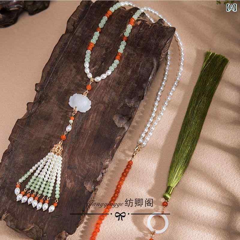 ネックレス 蓮 瓔珞 和風 レトロ モダン中華 チャイナドレス 漢服 馬面スカート ロング タッセル ペンダント バックチャーム グリーン系 アクセサリー 首飾り 清楚 フェミニン