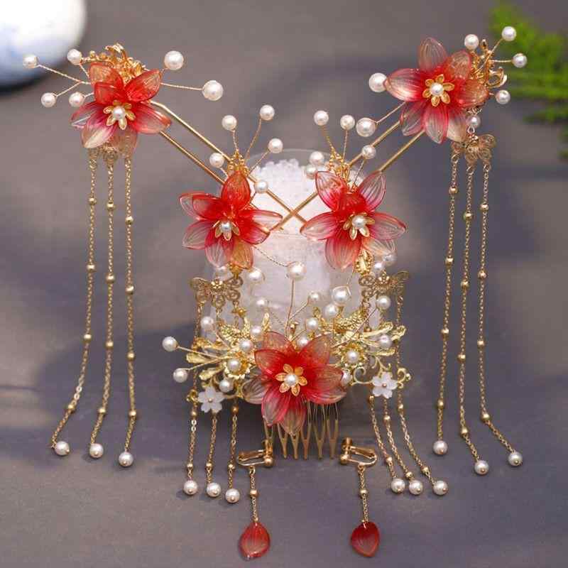 髪飾り レディース 漢服 簪 ヘアコーム 挿し櫛 歩揺 タッセル 古風 ヘッドドレス まとめ髪 アップヘア 結婚式 成人式 卒業式 合金製 エレガント 華やか 中国風