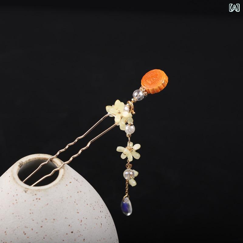 簪 U字簪 歩揺 髪飾り 漢服 古風 唐風 月餅 金木犀 花モチーフ タッセル ヘアクリップ 金属製 ハンドメ..