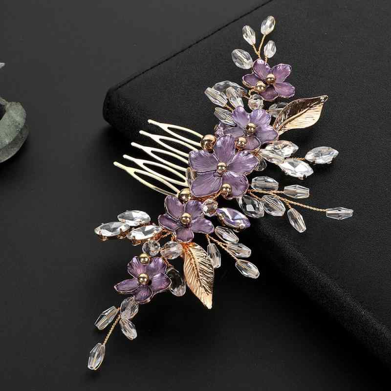 ヘアアクセサリー レディース ラベンダー クリスタル リーフモチーフ 高級感 花嫁 髪飾り 結婚式 ブライダル ウェディング 披露宴 パーティー 和装 チャイナドレス ヘッドコーム ヘアコーム ゴールド 金属製(x3)