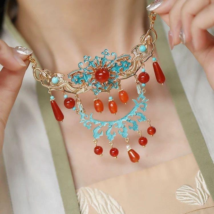 ネックレス レディース 中国風 伝統 古典 漢服 明朝様式 瓔珞 チョーカー 焼藍色 花嫁 ウェディング 中..