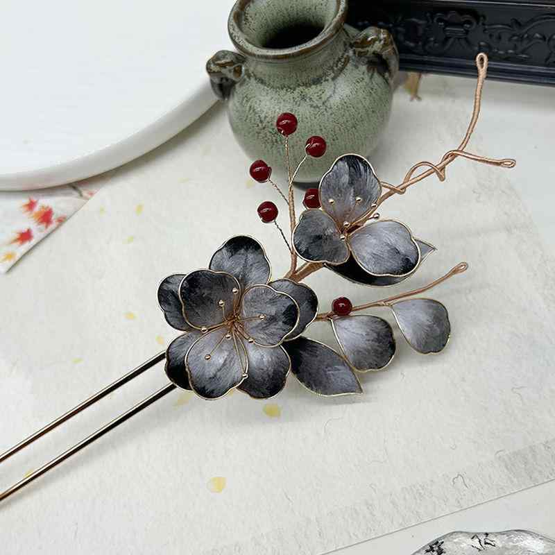 かんざし 髪飾り 古風 漆黒 墨色 高級感 蚕糸 シルク 銅製 七宝焼 ベルベットフラワー ヘアアクセサリ..