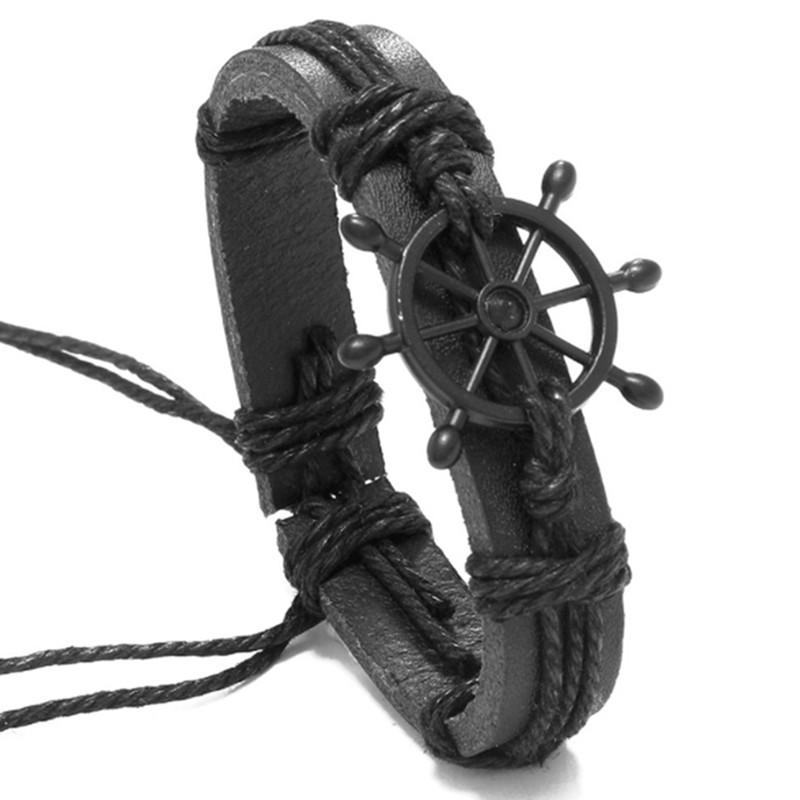 ブレスレット メンズ レトロ 編み込み 牛革 レザー 本革 舵輪 アンカー ブラック ブラウン 欧米 ファッション おしゃれ 個性的 ハンドメイド 腕輪 カジュアル