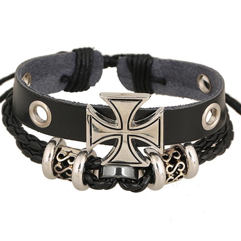 ブレスレット メンズ レディース ユニセックス パンク 本革 牛革 レザー エコ合金 ビーズ クロス 十字 普段使い カジュアル ブラック ホワイト ブラウン