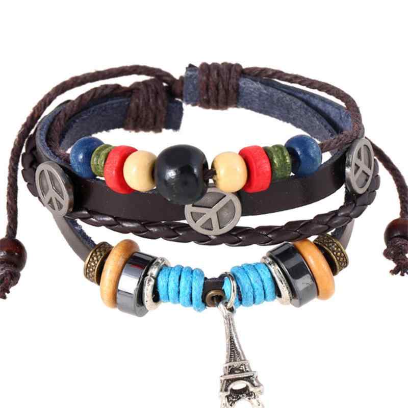 ブレスレット 男女兼用 本革 牛革 レザー ビーズ 韓国風 パンク 手作り シンプル スタイリッシュ ファッション 普段使い カジュアル ブラウン