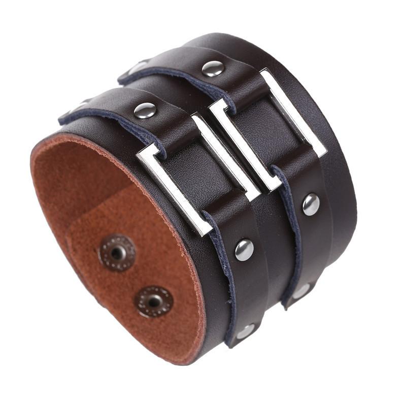 ブレスレット 男女兼用 ヒップホップ パンク ロック レトロ 個性的 オルタナティブ 牛革 レザー 本革 ハンドメイド 幾何学模様 ブラック ブラウン 普段使い...