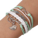 ブレスレット レディース DIY ハンドメイド 手編み アンティークシルバー フクロウモチーフ レザー 革紐 ライトグリーン ホワイト おしゃれ カジュアル 普段使い