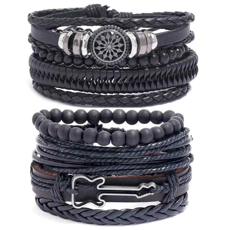 ブレスレット メンズ 欧米風 ギターモチーフ 音楽 編み込み 牛革 レザー 多層 セット 重ね付け 幾何学模様 個性的 カジュアル 普段使い ファッション小物 プレゼント
