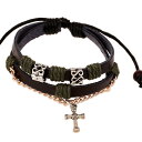 ブレスレット 男女兼用 ペア 牛革 本革 レザー ビーズ 個性的 クロス エスニック 幾何学模様 レトロ ヴィンテージ ハンドメイド 手作り ブラウン 普段使い...