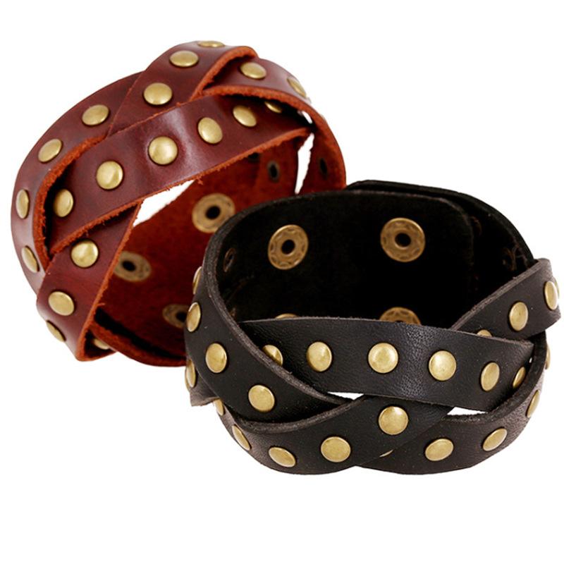 ブレスレット 男女兼用 ユニセックス パンク ロック 欧米風 レトロ クラシック 本革 レザー 牛革 スタッズ 鋲 幾何学模様 ジオメトリック ハンドメイド ブラック ブラウン