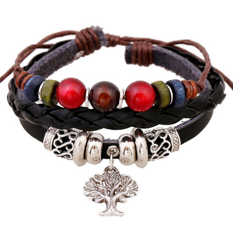 ブレスレット 男女兼用 ユニセックス 牛革 レザー ビーズ 蝶結び クリスマスツリーチャーム レトロ ハ..