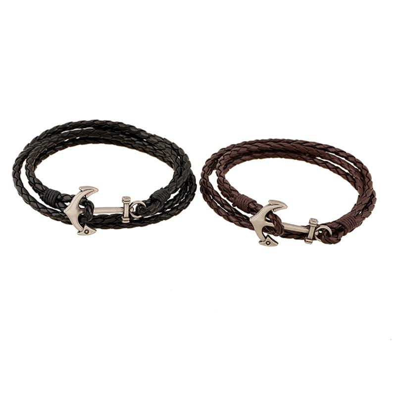 ブレスレット 男女兼用 ユニセックス 錨モチーフ 多重 レイヤード レザー 本革 手編み 編み込み レトロ..