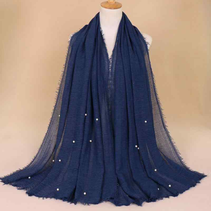 ストール レディース 女性用 綿麻 シワ加工 無地 フリンジ パール付き 大判 ロング 春夏 日よけ 冷房対策 ボヘミアン エスニック 上質(4)
