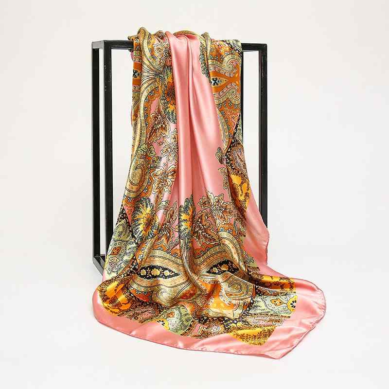 スカーフ レディース 女性用 欧米スタイル 爽やか 花柄 再生繊維 サテン スクエア 大判 90cm角 春秋冬 ファッション小物 上品 エレガント 光沢感 多色展開