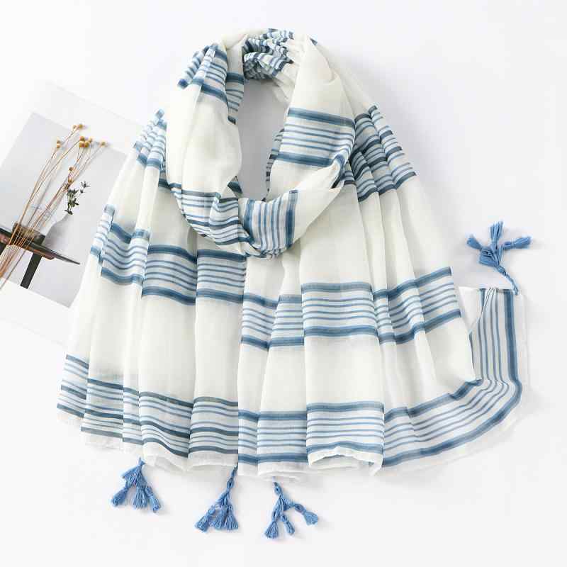 スカーフ レディース シンプル おしゃれ ブルー系 ホワイト ストライプ 配色 UV対策 日焼け防止 大判 ..