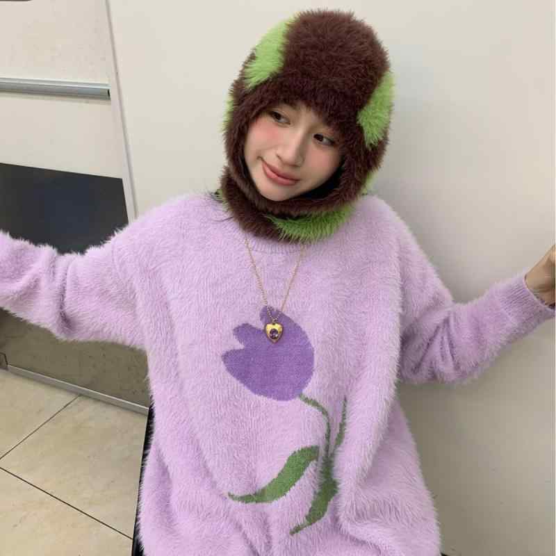 バラクラバ レディース 韓国風 高級感 ストライプ フェイクファー ミンクタッチ ニット帽 個性的 デザイン プルオーバー 防寒 首元カバー エレガント カジュアル 秋冬(x2)