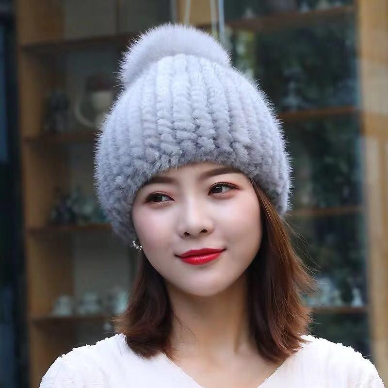 ファーハット レディース ミンクファー 編み込み 耳当て付き フォックスファー ポンポン 防寒保温 通気性 エレガント カジュアル 秋冬(x2)