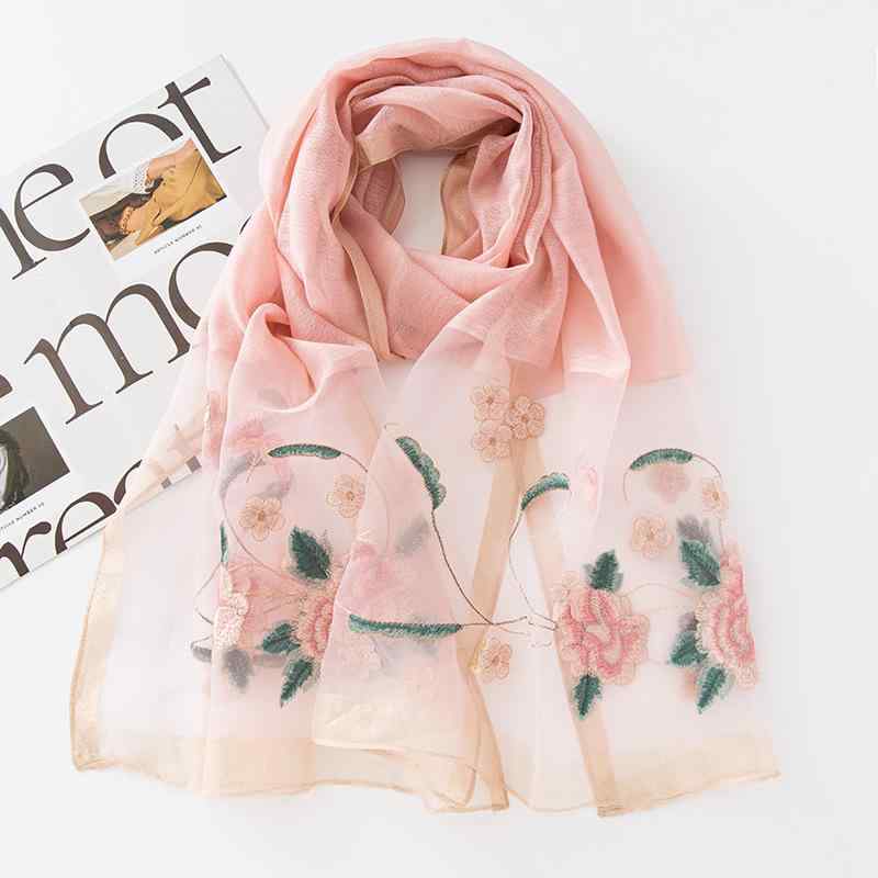 スカーフ シルク ウール 混 大判 ストール 刺繍 バラ柄 切り替えカラー 薄手 旅行用 日焼け防止 UVカット 冷房対策 上品 エレガント 春夏