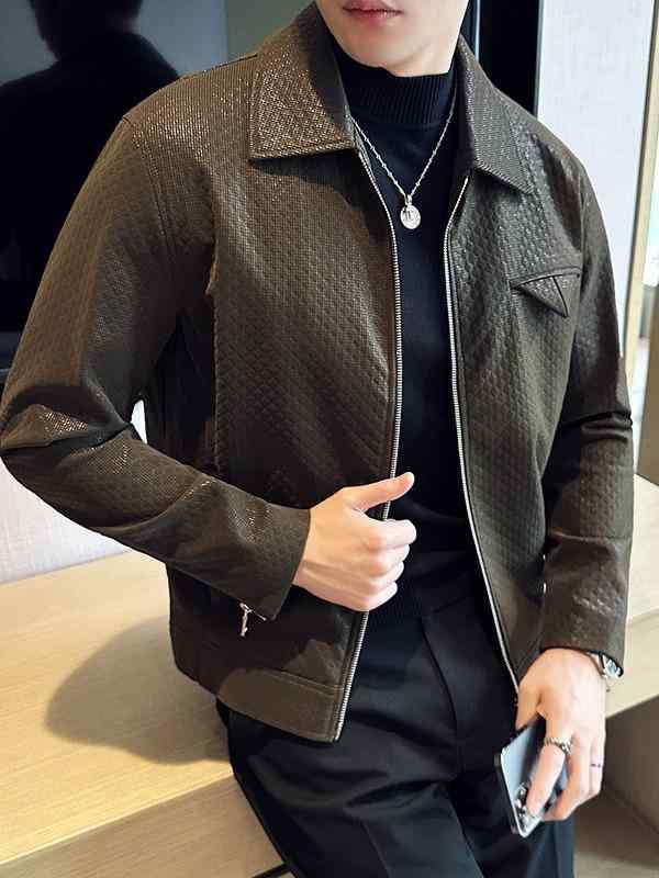 レザージャケット メンズ 男性用 秋冬 襟付き テーラード PUレザー フェイクレザー カジュアル アウター ブルゾン ジップアップ イージーケア ブラック カーキグリーン