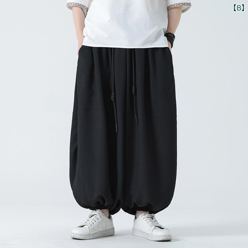 パンツ メンズ エスニック 麻調 縦縞 ストライプ ハーレムパンツ サルエル ゆったり バルーン ルーズフィット 春夏 カジュアル 涼しい 快適 ベージュ 黒