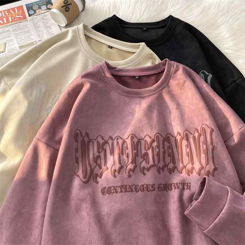 トレーナー メンズ 日系ファッション エアーレイヤー スエード調 プルオーバー 長袖 ゆったり クルーネック プリント カジュアル 大きいサイズ ポリエステル ブラック グレー 春秋