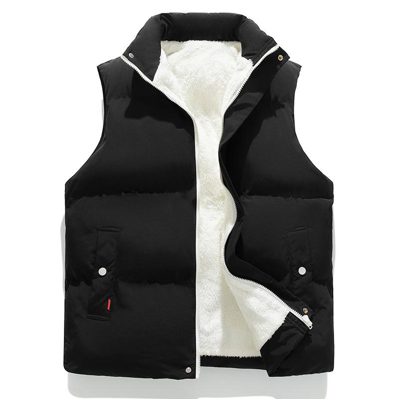 ベスト メンズ 男性用 秋冬 裏起毛 中綿 厚手 保温 スタンドカラー ノースリーブ ゆったり ルーズフィット ファスナー カジュアル ペア対応 ポリエステル 防寒着 ブラック カーキ ピンク ブラウン