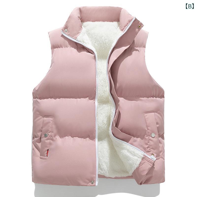 ベスト メンズ 男性用 秋冬 裏起毛 中綿 厚手 保温 スタンドカラー ノースリーブ ゆったり ルーズフィット ファスナー カジュアル ペア対応 ポリエステル 防寒着 ブラック カーキ ピンク ブラウン