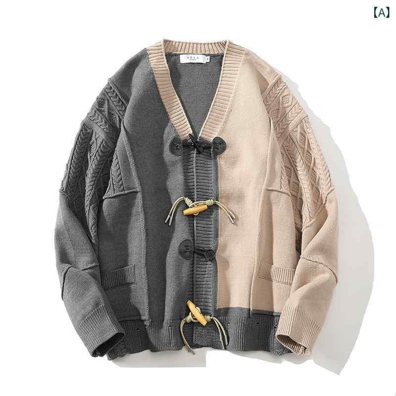 ニット 男女兼用 トグルボタン Vネック 長袖 レトロ ゆったり オーバーサイズ カーディガン セーター 綿混紡 ポリエステル カジュアル 春秋 グレー ブラック ストレートシルエット