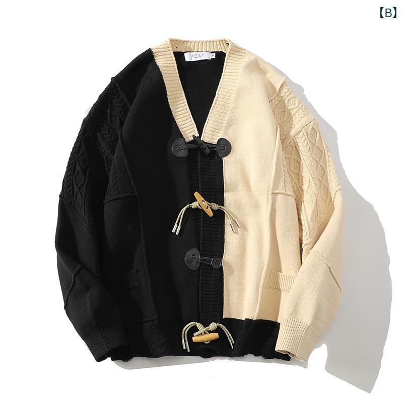 ニット 男女兼用 トグルボタン Vネック 長袖 レトロ ゆったり オーバーサイズ カーディガン セーター 綿混紡 ポリエステル カジュアル 春秋 グレー ブラック ストレートシルエット