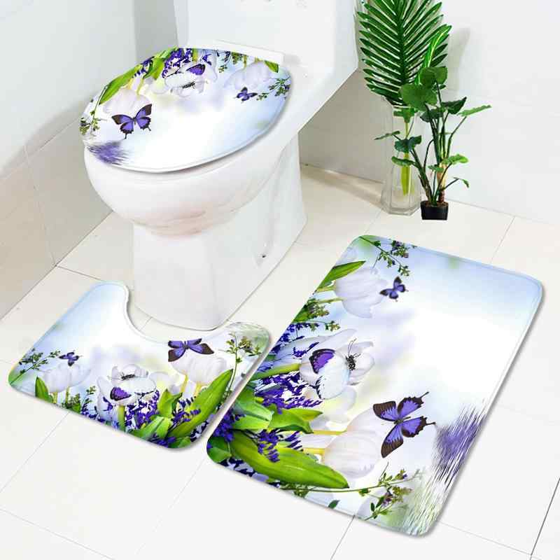 シャワーカーテン 蝶柄 バタフライ 防水 撥水加工 ポリエステル 浴室 バスルーム トイレマット 足元マット 吸水速乾 洗える 高級感 ホテル仕様