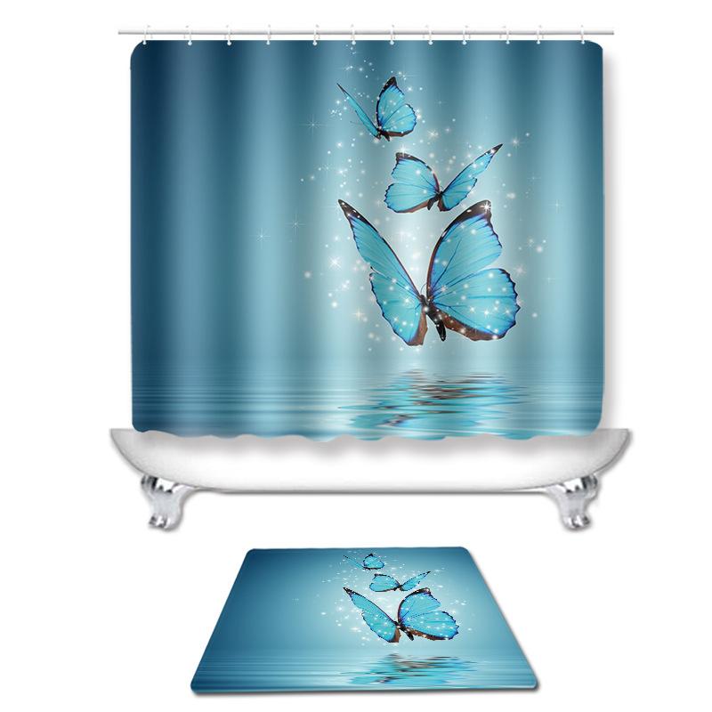 浴室セット 防水 撥水 シャワーカーテン 吸水速乾 バスマット トイレマット 蓋カバー 蝶々柄 アメリカンスタイル ポリエステル 3点セット