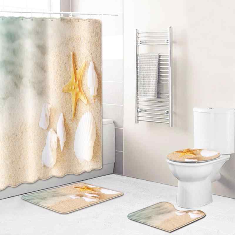 バスルーム セット シャワーカーテン バスマット 防水 4点セット シェル 貝殻 スターフィッシュ ヒトデ..
