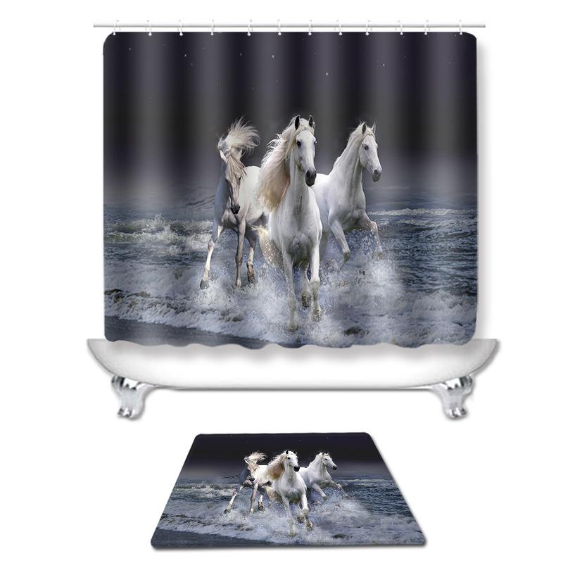 浴室セット シャワーカーテン トイレマット バスマット 3点セット 駿馬柄 防水 撥水 ポリエステル 起毛素材 モダン シンプル おしゃれ 北欧風 快適 洗える