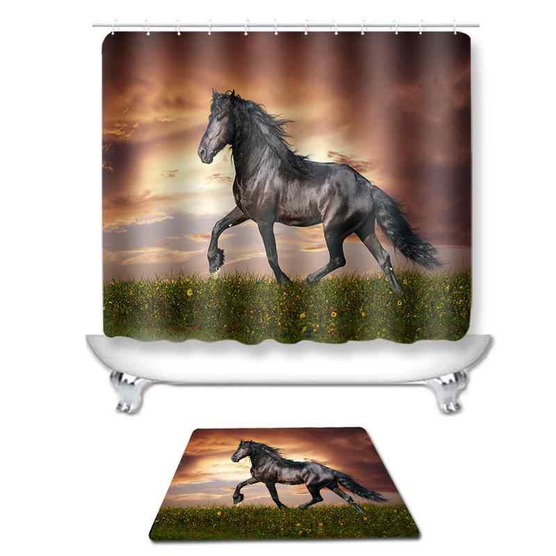 バスルームセット 駿馬 馬柄 防水 はっ水 シャワーカーテン トイレマット 足元マット 寝室 タペストリー 壁掛け ポリエステル 起毛素材 モダン シンプル イ...